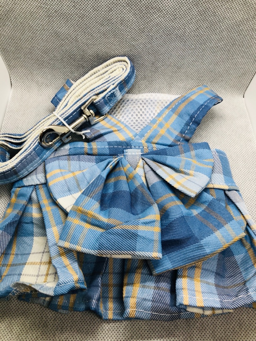 Blue Plaid pet Harness Dress with Leash